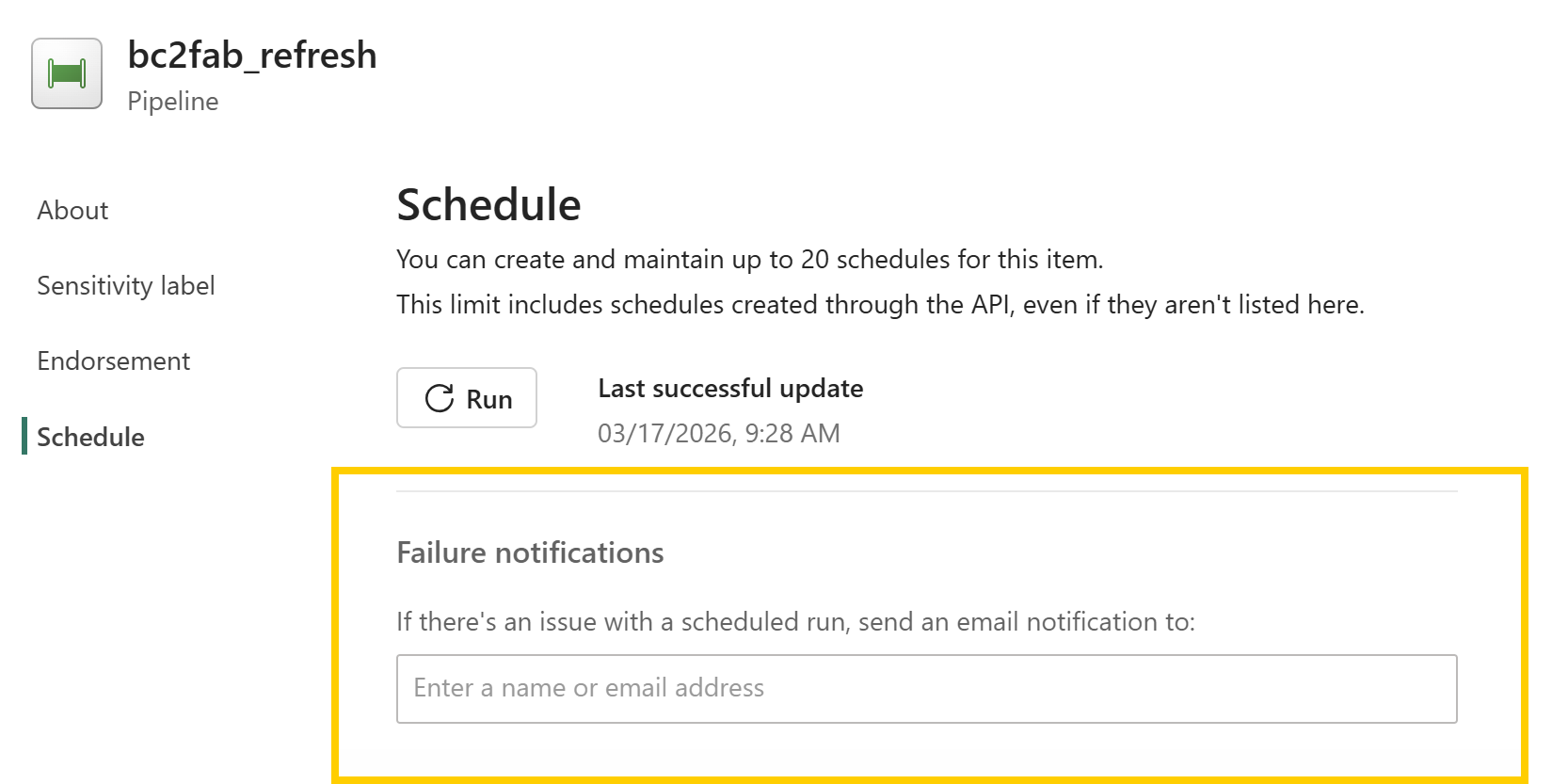 Pipeline Schedule - Failure notifications section showing email input field